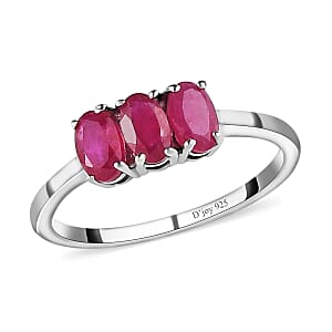 Niassa Ruby 1.00 ctw 3 Stone Ring, Platinum Over Sterling Silver Ring, Ruby Trilogy Ring, Promise Ring For Her (Size 7.00)