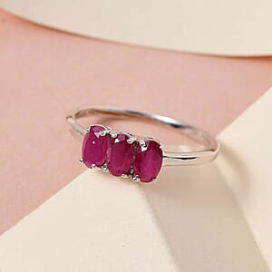 Niassa Ruby 1.00 ctw 3 Stone Ring, Platinum Over Sterling Silver Ring, Ruby Trilogy Ring, Promise Ring For Her (Size 7.00)