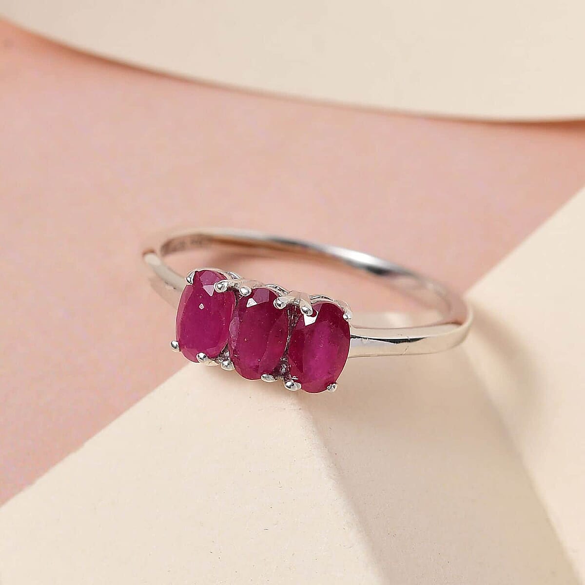 Niassa Ruby 1.00 ctw 3 Stone Ring, Platinum Over Sterling Silver Ring, Ruby Trilogy Ring, Promise Ring For Her (Size 8.00) image number 1