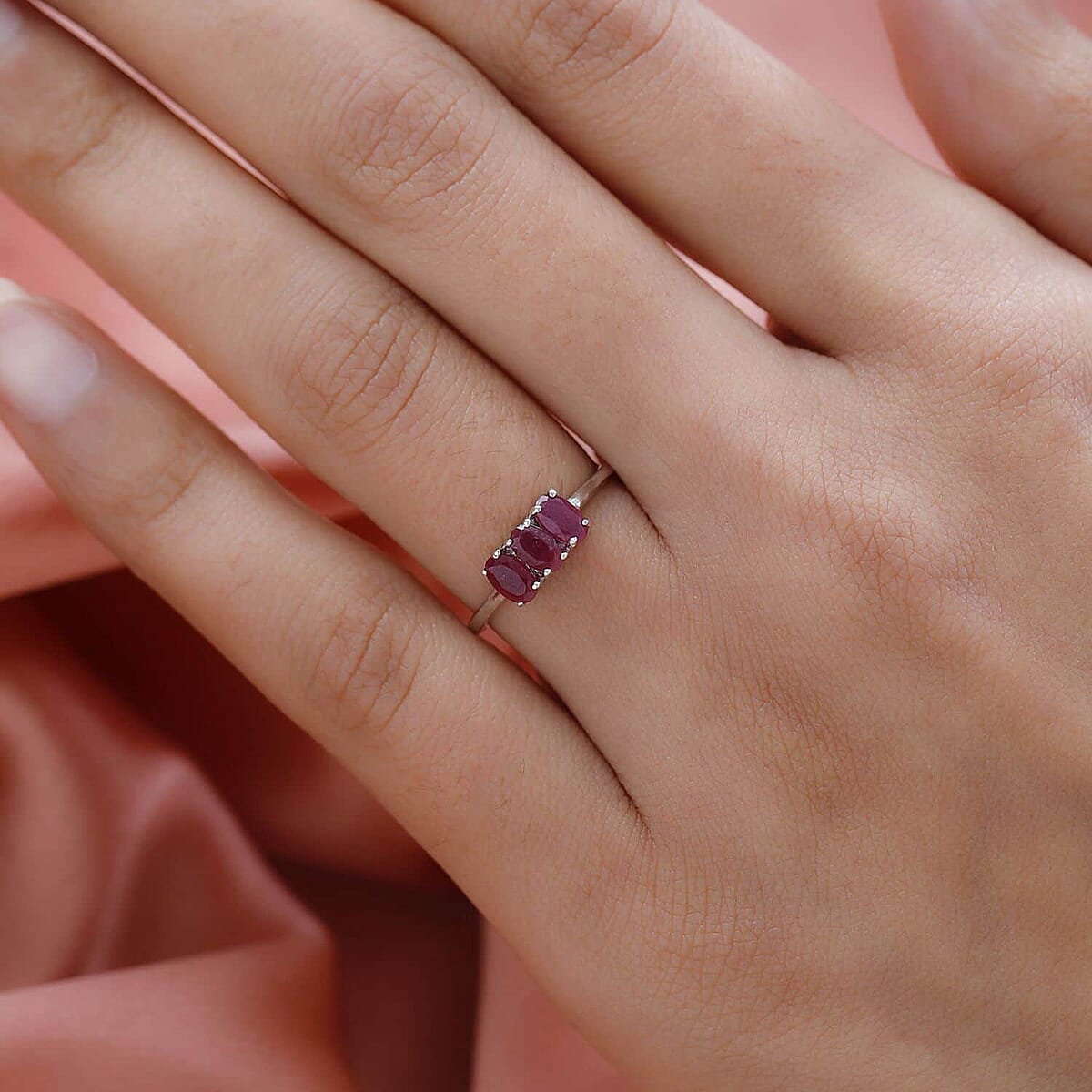Niassa Ruby 1.00 ctw 3 Stone Ring, Platinum Over Sterling Silver Ring, Ruby Trilogy Ring, Promise Ring For Her (Size 8.00) image number 2