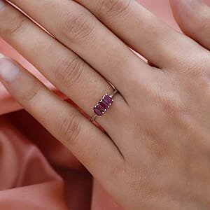 Niassa Ruby 1.00 ctw 3 Stone Ring, Platinum Over Sterling Silver Ring, Ruby Trilogy Ring, Promise Ring For Her (Size 8.00)