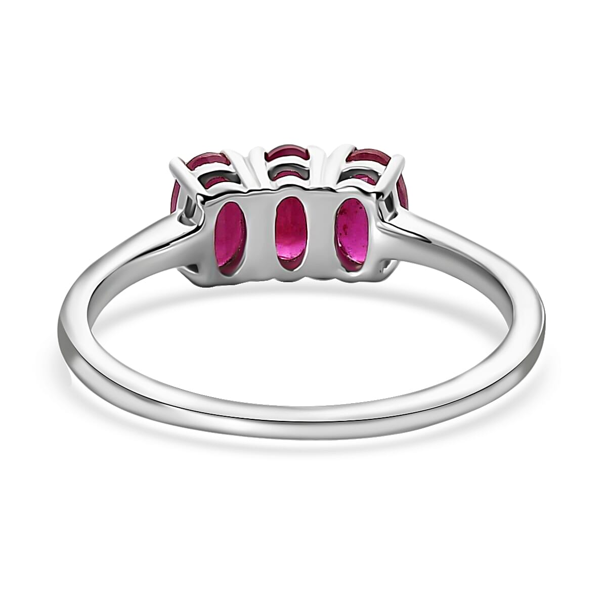 Niassa Ruby 1.00 ctw 3 Stone Ring, Platinum Over Sterling Silver Ring, Ruby Trilogy Ring, Promise Ring For Her (Size 8.00) image number 4