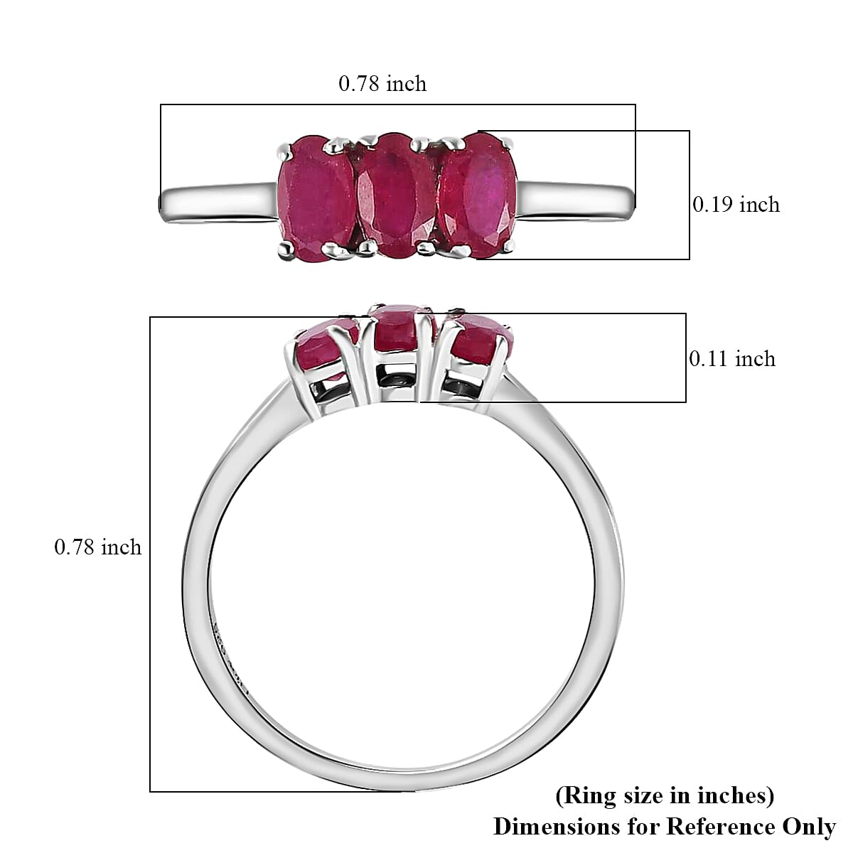 Niassa Ruby 1.00 ctw 3 Stone Ring, Platinum Over Sterling Silver Ring, Ruby Trilogy Ring, Promise Ring For Her (Size 8.00) image number 5