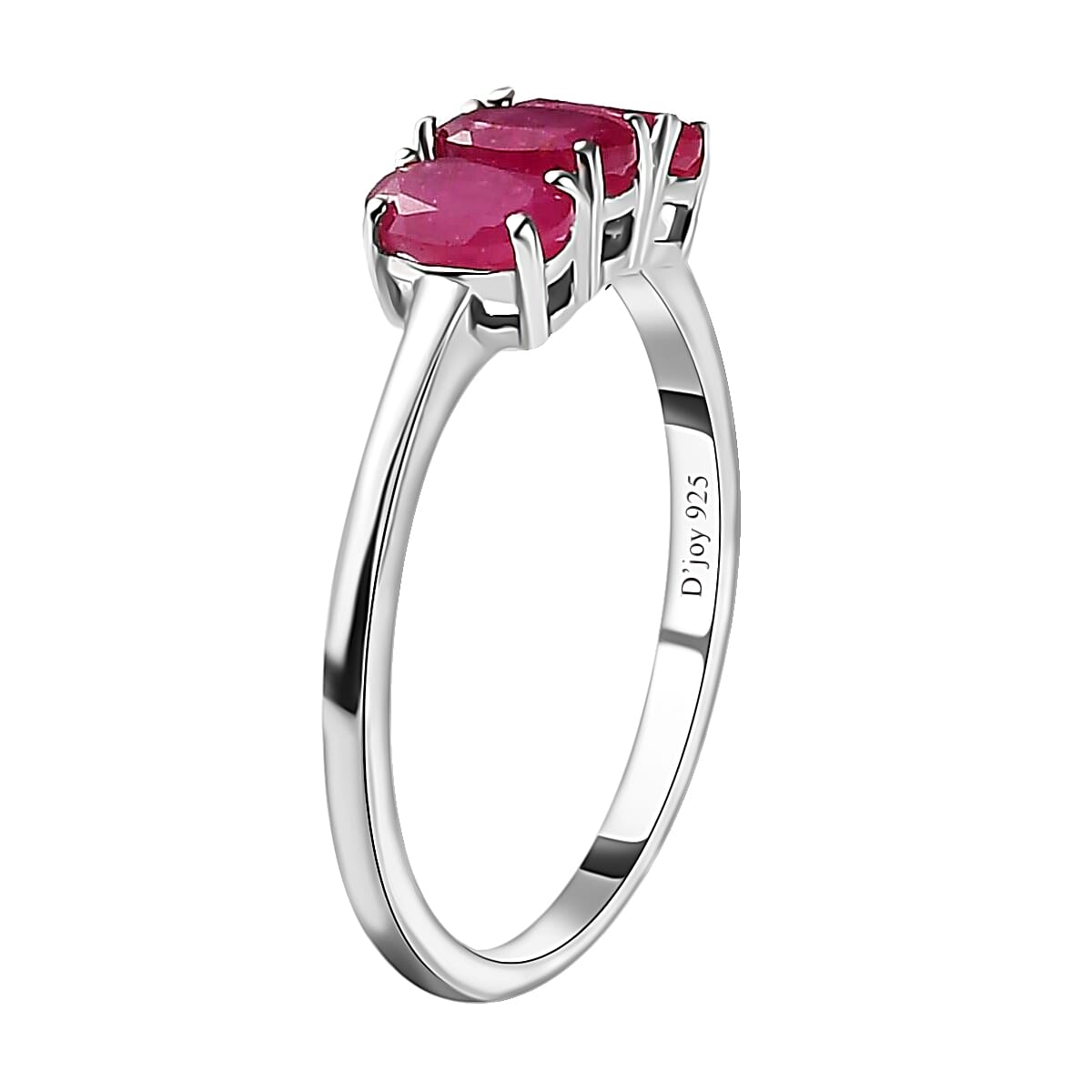 Niassa Ruby 1.00 ctw 3 Stone Ring, Platinum Over Sterling Silver Ring, Ruby Trilogy Ring, Promise Ring For Her (Size 9.00) image number 3