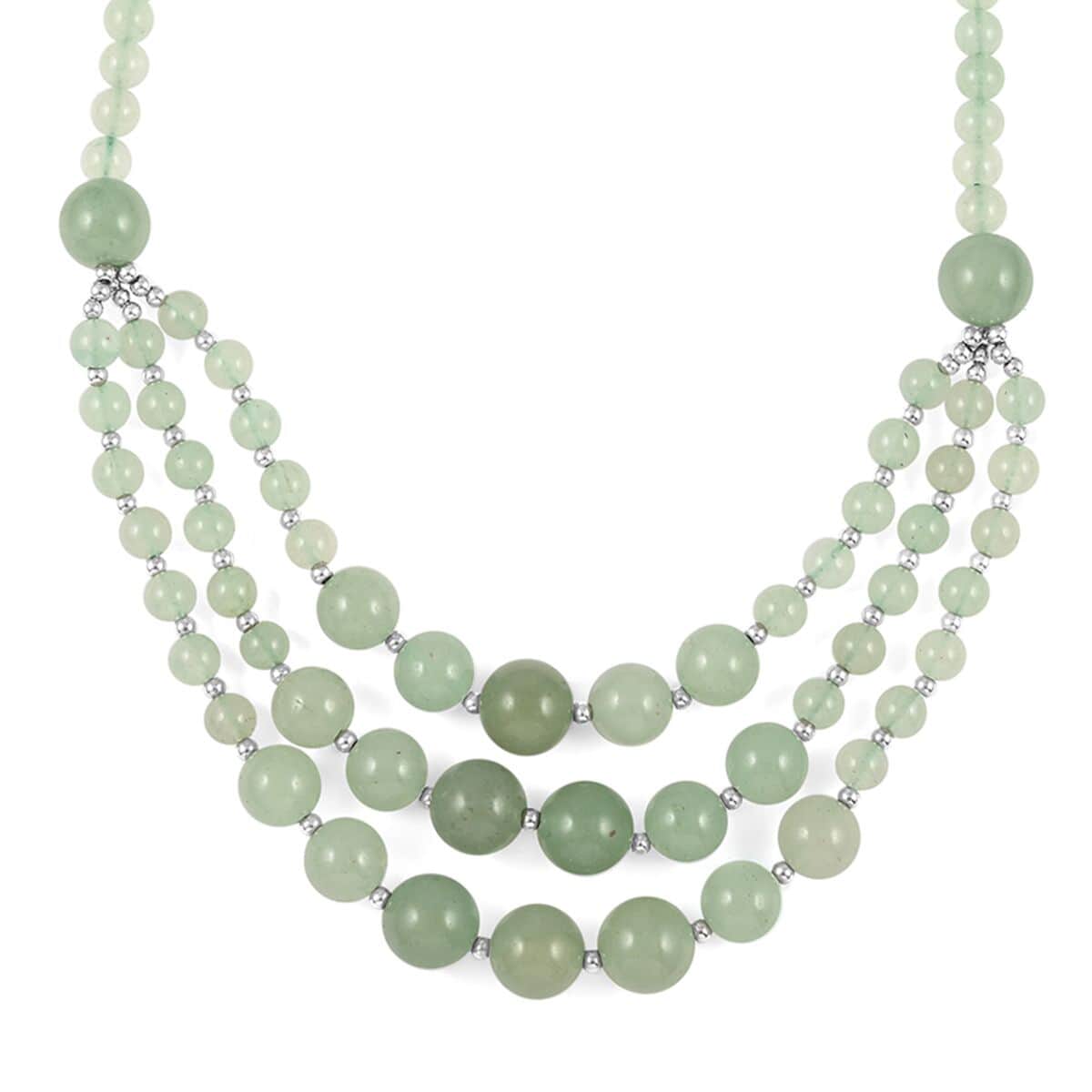 Green Aventurine Three-Row Necklace 22-24 Inches in Rhodium Over Stainless Steel 279.80 ctw image number 0