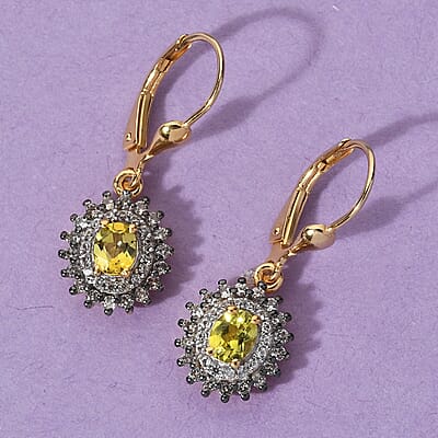 AAA Tanzanian Canary Tourmaline, White and Champagne Zircon Earrings in Vermeil Yellow Gold Over Sterling Silver 1.50 ctw