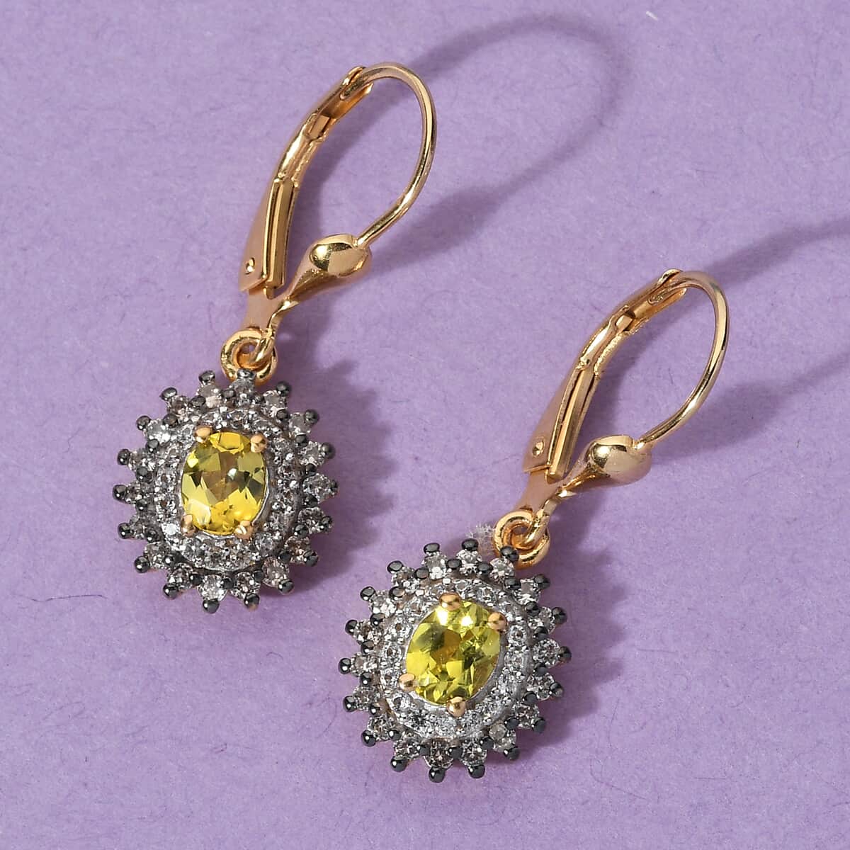 AAA Tanzanian Canary Tourmaline, White and Champagne Zircon Earrings in Vermeil Yellow Gold Over Sterling Silver 1.50 ctw image number 1