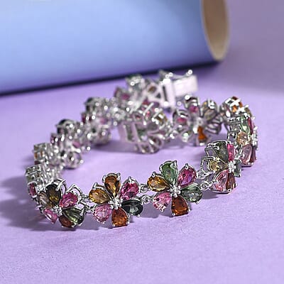 Multi-Tourmaline Floral Bracelet in Platinum Over Sterling Silver (8.00 In) 18.05 Grams 29.40 ctw