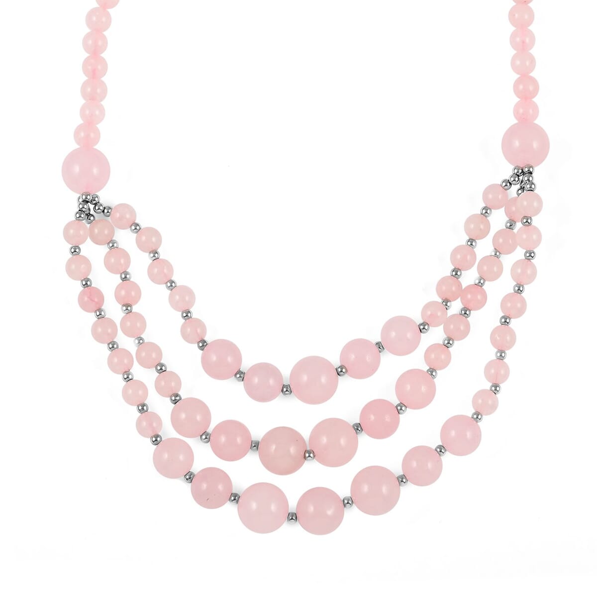 Galilea Rose Quartz Three-Row Necklace 22-24 Inches in Rhodium Over Stainless Steel 279.80 ctw image number 0