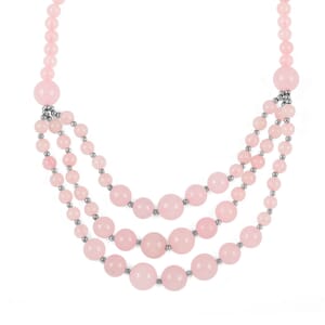 Galilea Rose Quartz Three-Row Necklace 22-24 Inches in Rhodium Over Stainless Steel 279.80 ctw