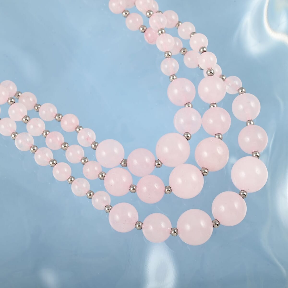 Galilea Rose Quartz Three-Row Necklace 22-24 Inches in Rhodium Over Stainless Steel 279.80 ctw image number 1