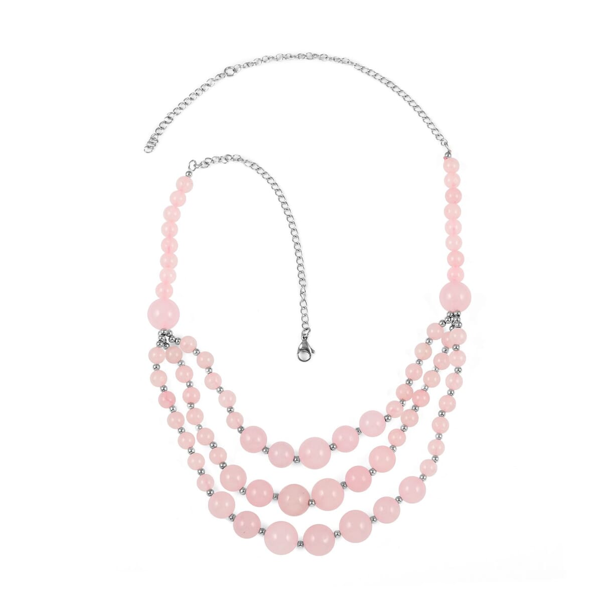 Galilea Rose Quartz Three-Row Necklace 22-24 Inches in Rhodium Over Stainless Steel 279.80 ctw image number 2