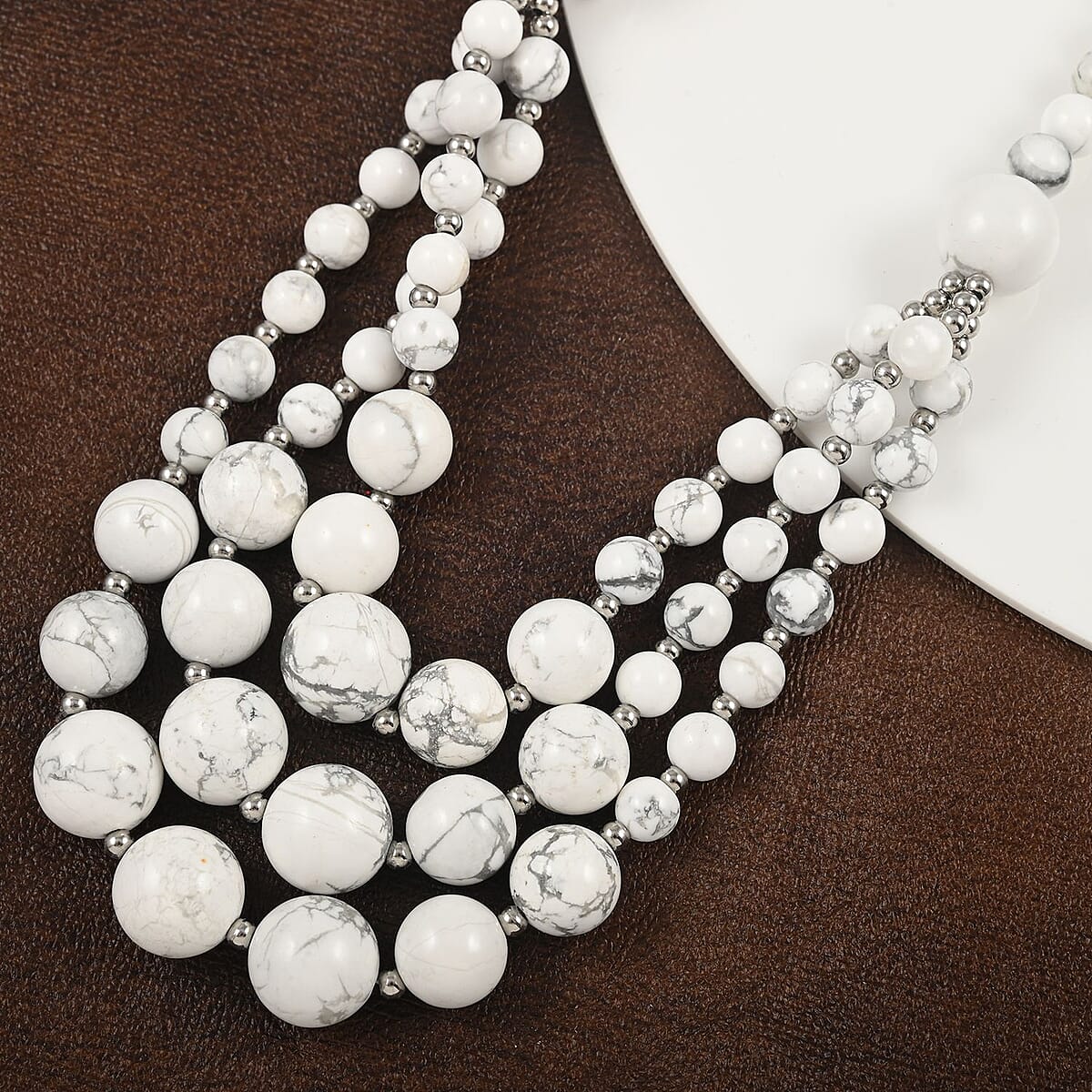 White Howlite Three-Row Necklace 22-24 Inches in Rhodium Over Stainless Steel 279.80 ctw image number 1