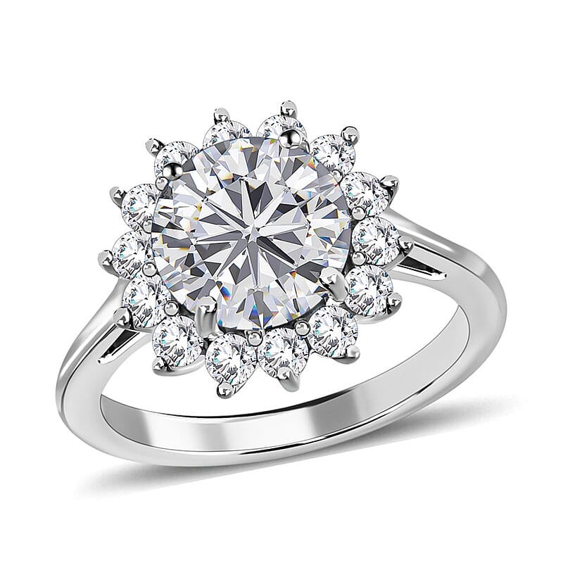 Concave Cut Moissanite (Rnd 8mm) 2.25 ctw Sunburst Engagement Ring in Platinum Over Sterling Silver,Halo Ring For Women, Promise Rings (Size 10.0)