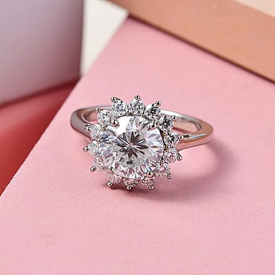 Concave Cut Moissanite (Rnd 8mm) 2.25 ctw Sunburst Engagement Ring in Platinum Over Sterling Silver,Halo Ring For Women, Promise Rings (Size 10.0)