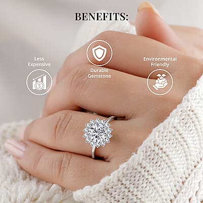 Concave Cut Moissanite (Rnd 8mm) 2.25 ctw Sunburst Engagement Ring in Platinum Over Sterling Silver,Halo Ring For Women, Promise Rings (Size 10.0)