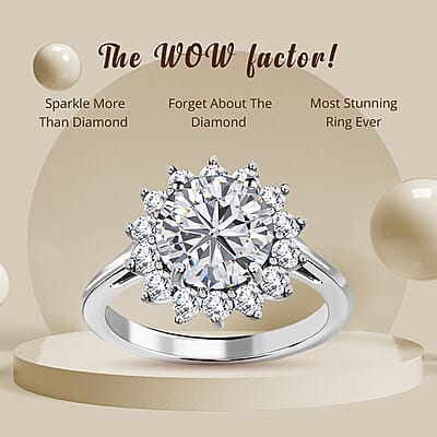 Concave Cut Moissanite (Rnd 8mm) 2.25 ctw Sunburst Engagement Ring in Platinum Over Sterling Silver,Halo Ring For Women, Promise Rings (Size 10.0)