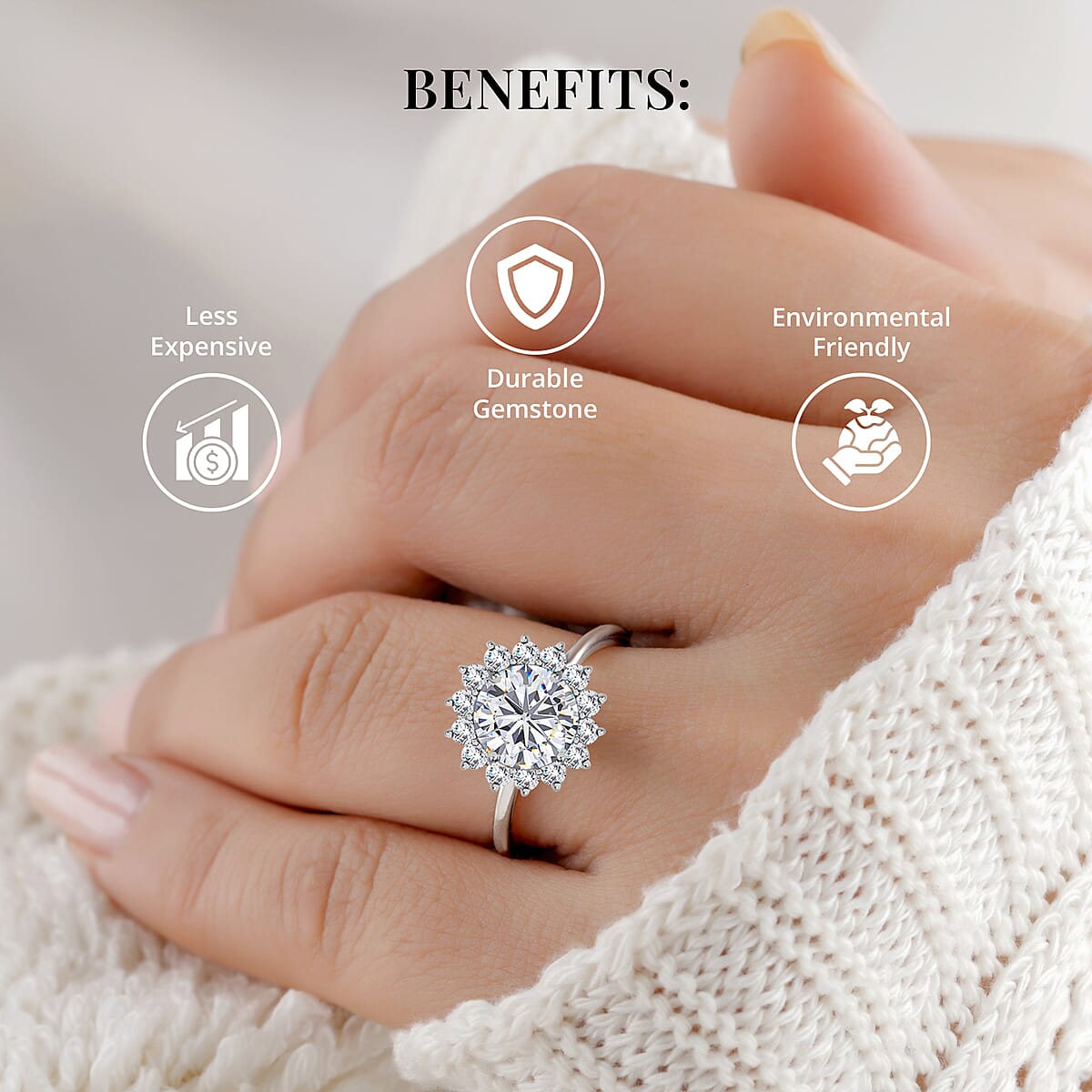 Concave Cut Moissanite (Rnd 8mm) Sunburst Engagement Ring in Platinum Over Sterling Silver,Halo Ring For Women (Size 9.0) 2.80 ctw image number 3