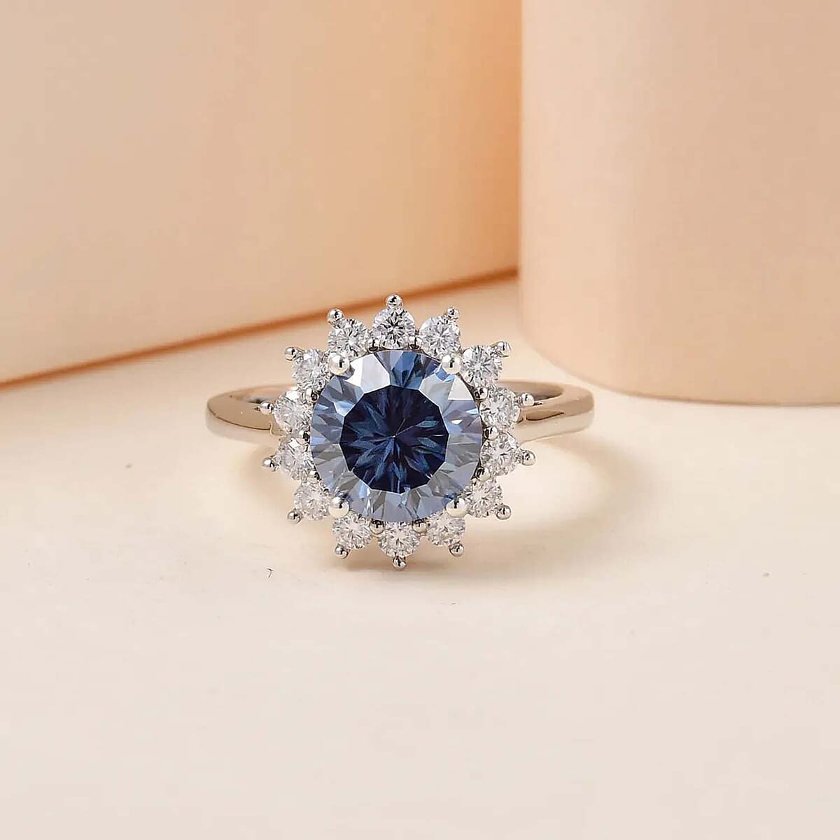 Concave Cut Blue and White Moissanite Sunburst Engagement Ring in Platinum Over Sterling Silver,Halo Ring For Women, Promise Rings 2.80 ctw image number 1