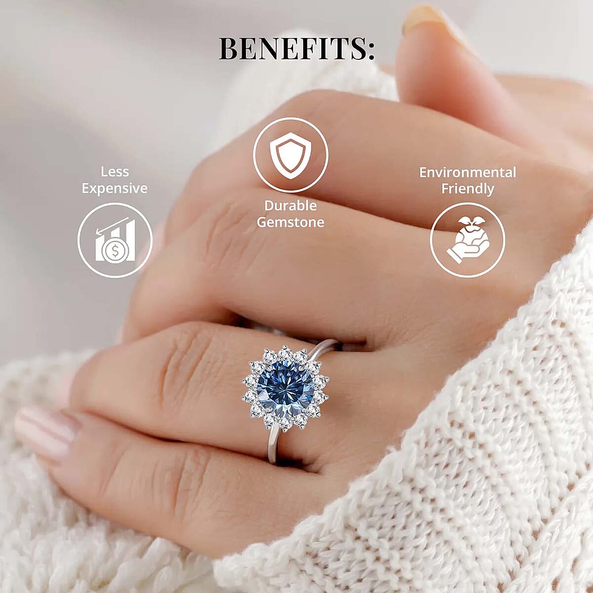 Concave Cut Blue and White Moissanite Sunburst Engagement Ring in Platinum Over Sterling Silver,Halo Ring For Women, Promise Rings 2.80 ctw image number 3