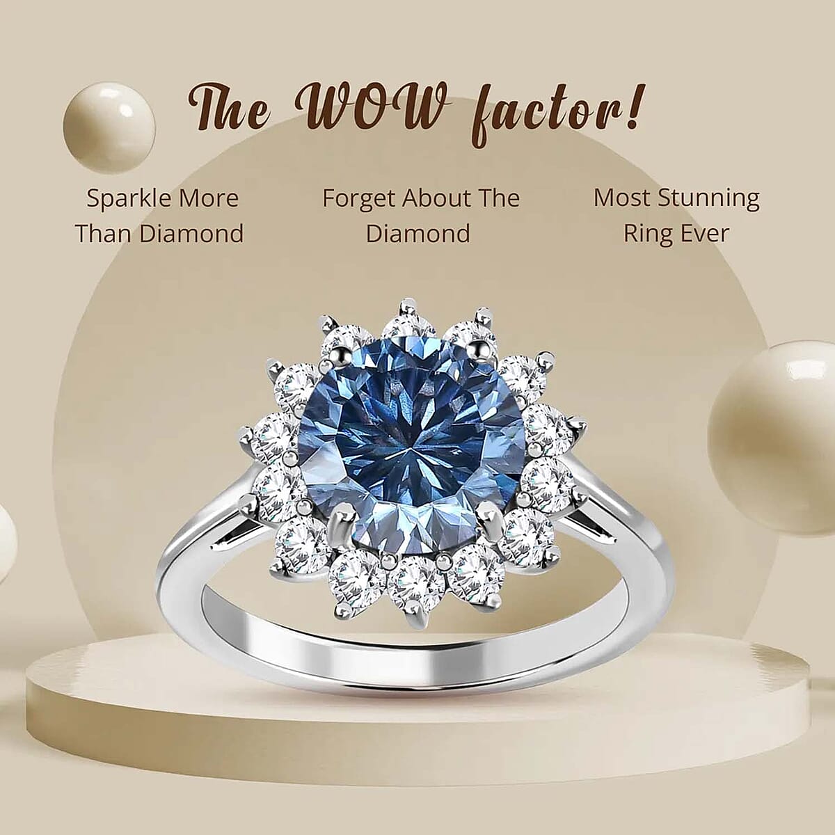 Concave Cut Blue and White Moissanite Sunburst Engagement Ring in Platinum Over Sterling Silver,Halo Ring For Women, Promise Rings 2.80 ctw image number 4