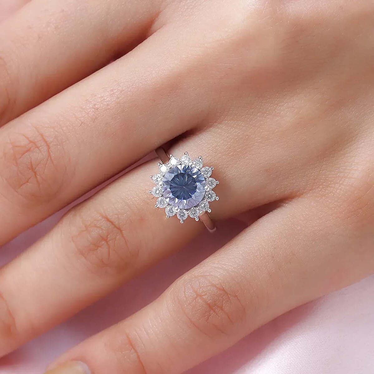 Concave Cut Blue and White Moissanite Sunburst Engagement Ring in Platinum Over Sterling Silver,Halo Ring For Women, Promise Rings 2.80 ctw image number 5