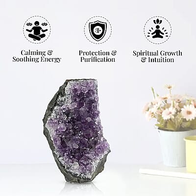 Amethyst Cut Base -XS (Approx. 775ctw), Rainbow Amethyst Crystal Geode For Living Room Side Table Decor, Decorative Gems