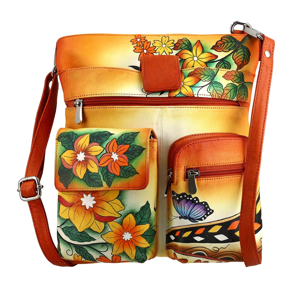 "SUKRITI Super Organized Floral Butterfly Hand Painted Genuine Leather Crossbody Bag Size: 10.5(L)x12(W) inches Color: Orange" image number 0
