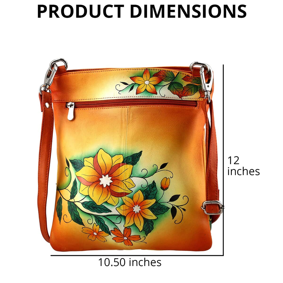 "SUKRITI Super Organized Floral Butterfly Hand Painted Genuine Leather Crossbody Bag Size: 10.5(L)x12(W) inches Color: Orange" image number 4