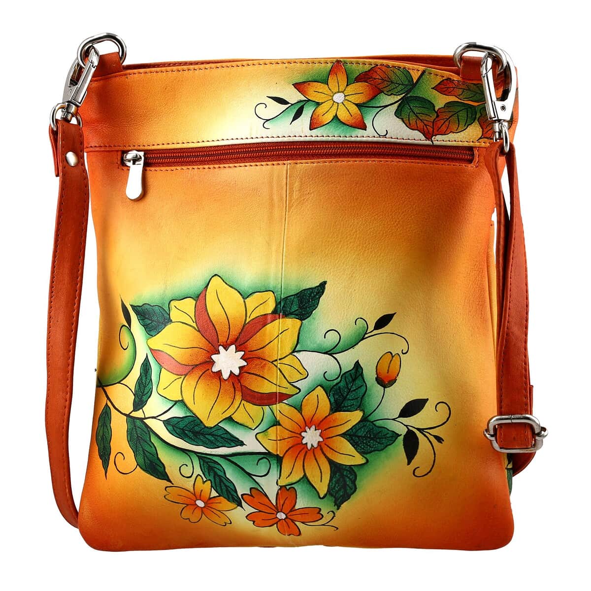 "SUKRITI Super Organized Floral Butterfly Hand Painted Genuine Leather Crossbody Bag Size: 10.5(L)x12(W) inches Color: Orange" image number 5