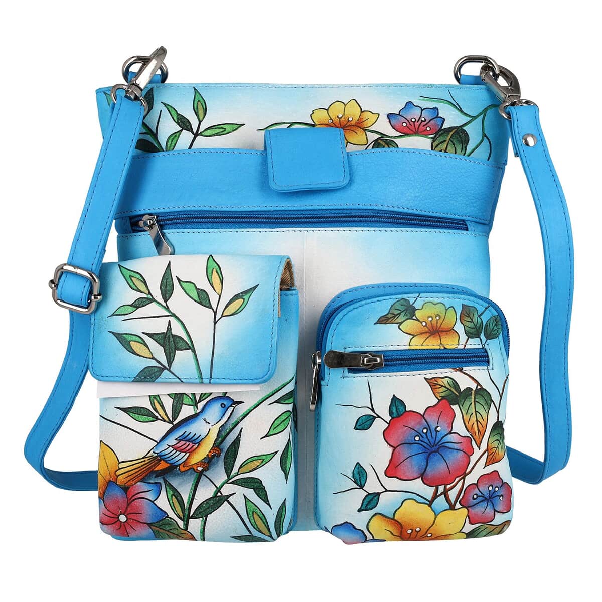 SUKRITI Blue Super Organized Floral Chirping Bird Hand Painted Genuine Leather Crossbody Bag image number 0