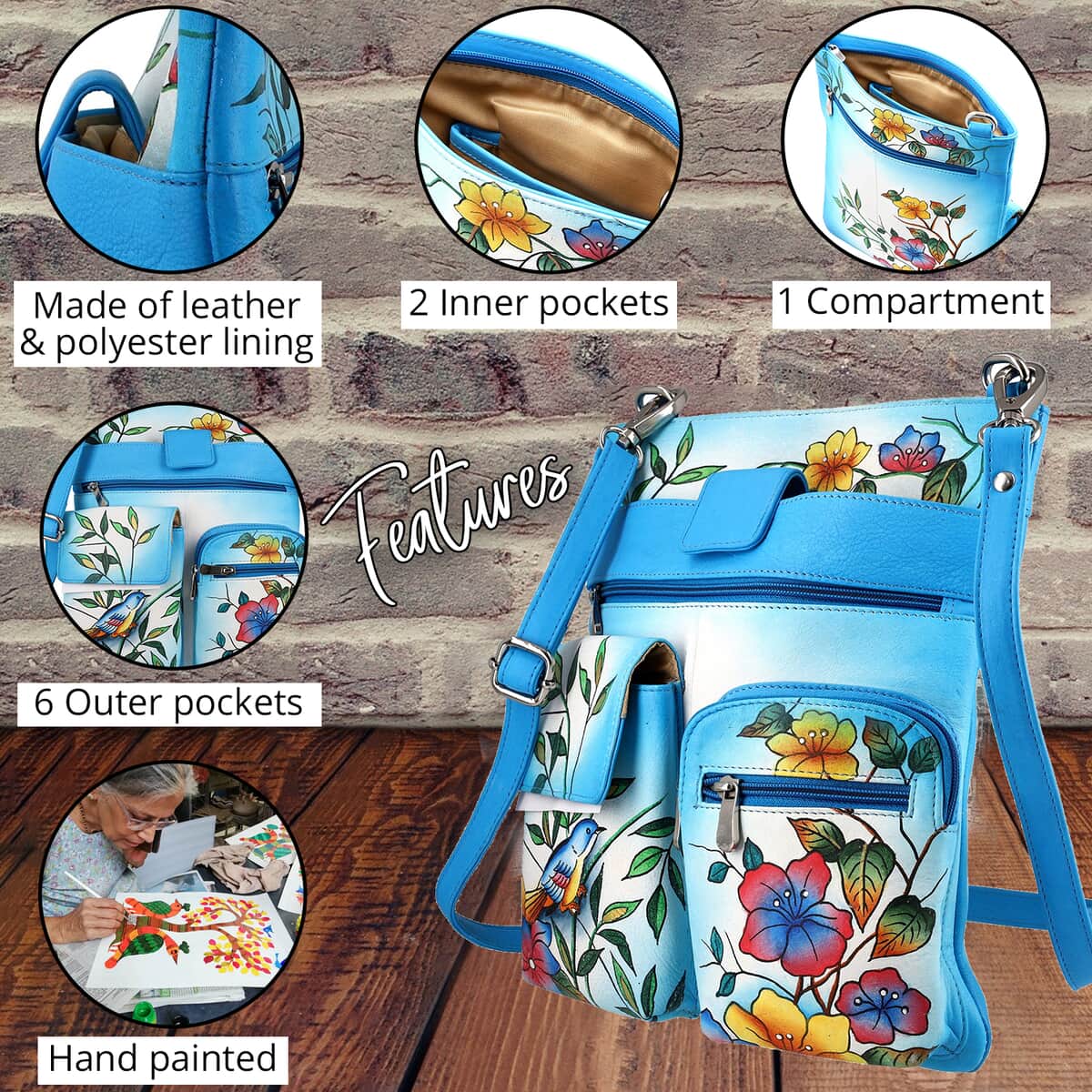 SUKRITI Blue Super Organized Floral Chirping Bird Hand Painted Genuine Leather Crossbody Bag image number 2