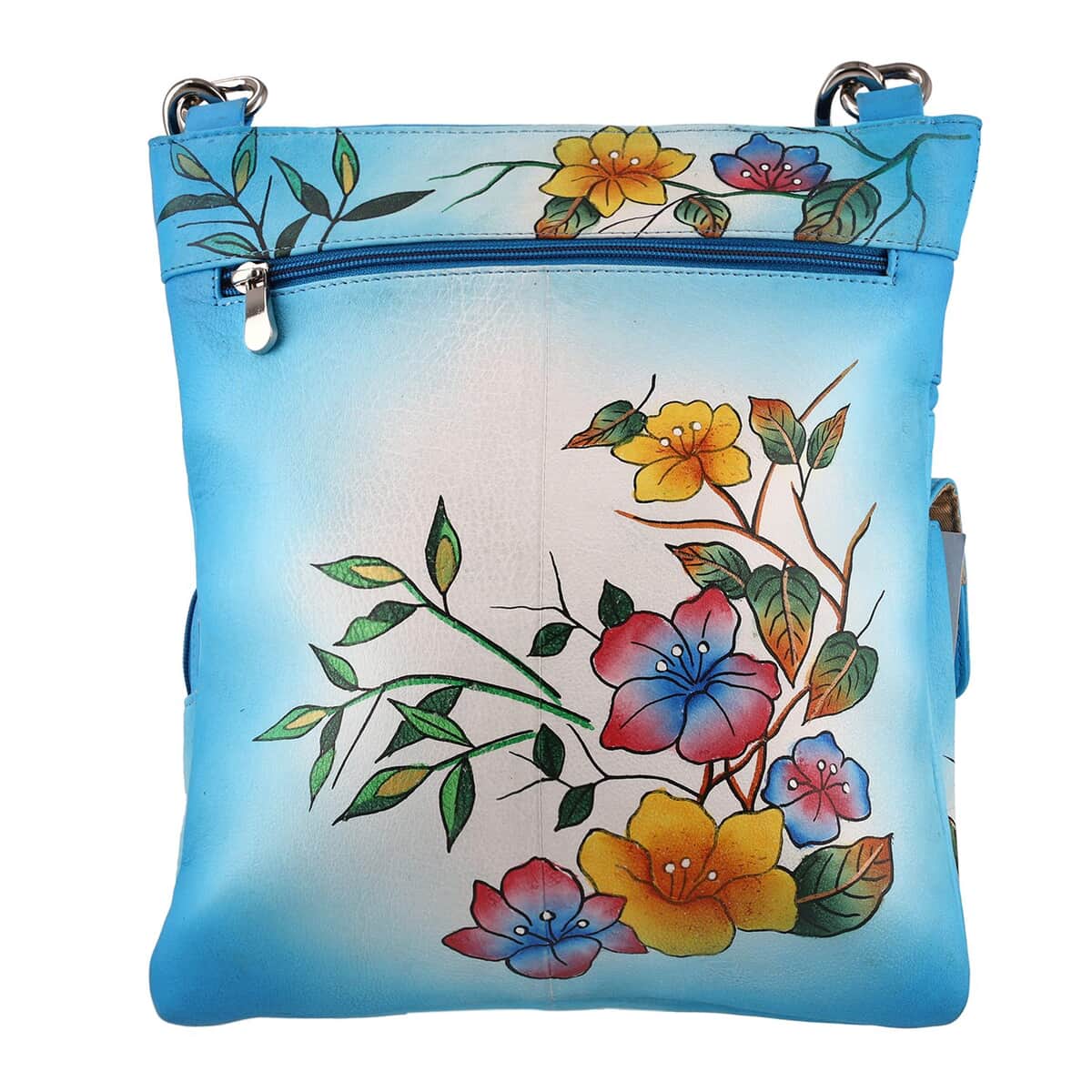 SUKRITI Blue Super Organized Floral Chirping Bird Hand Painted Genuine Leather Crossbody Bag image number 5