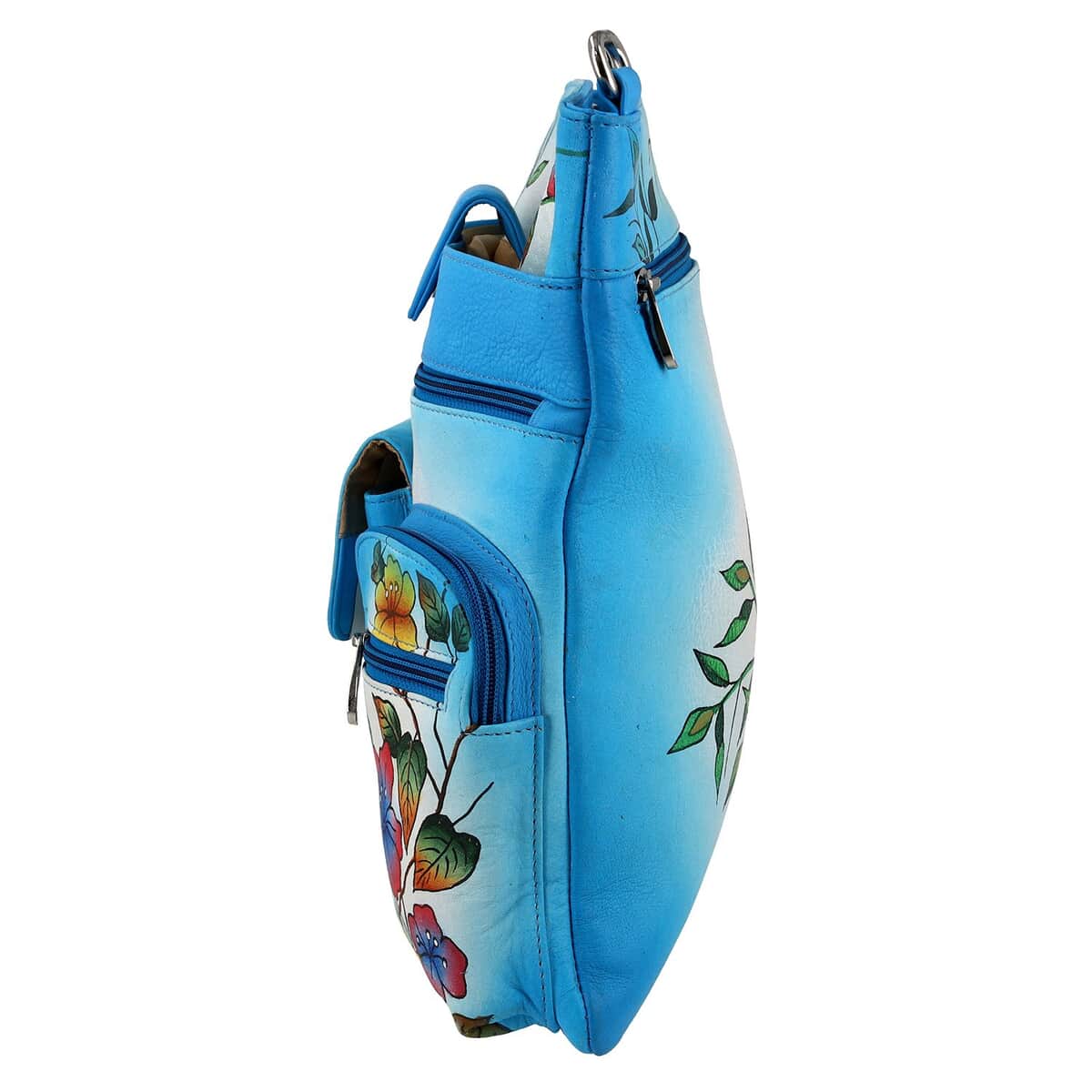 SUKRITI Blue Super Organized Floral Chirping Bird Hand Painted Genuine Leather Crossbody Bag image number 6