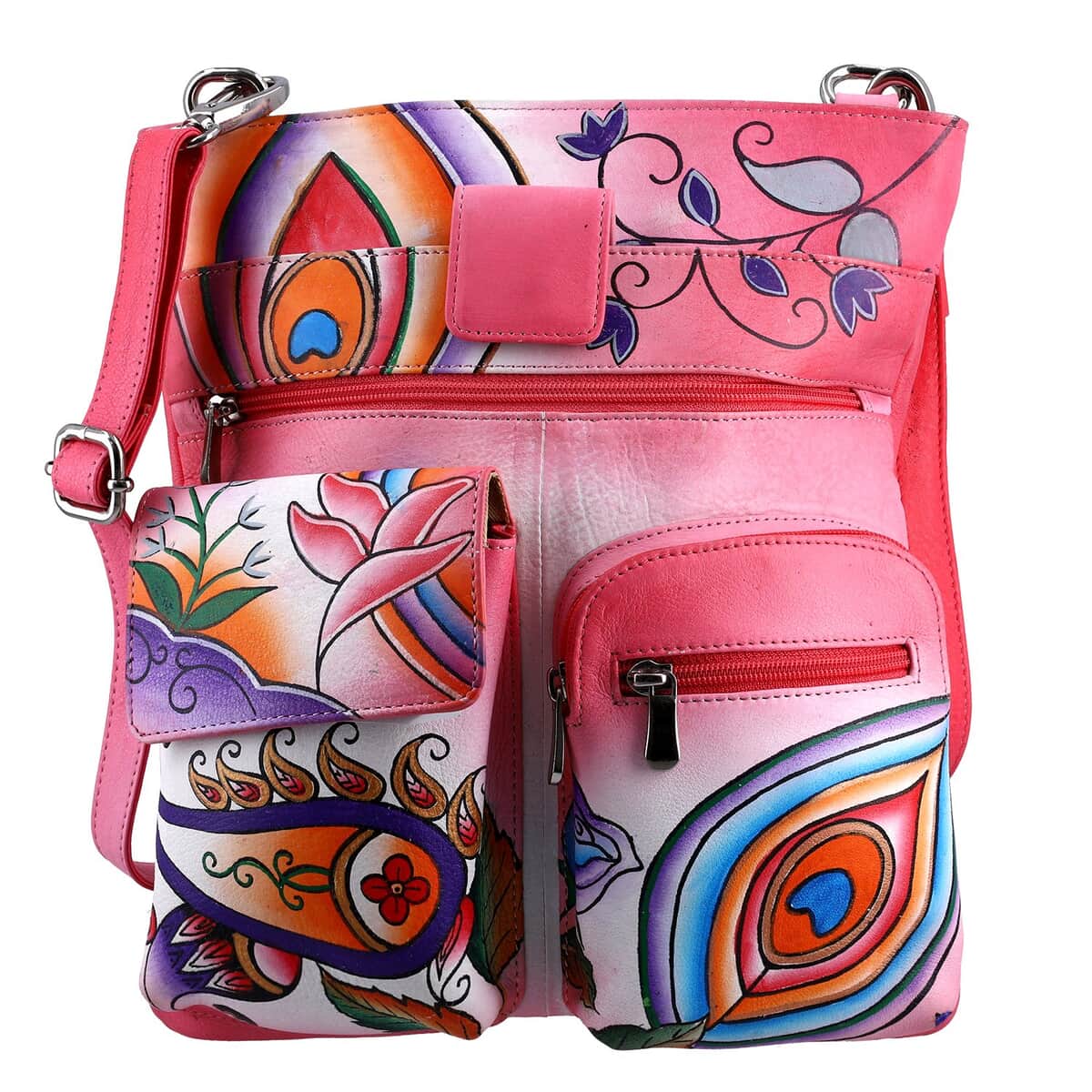 SUKRITI Pink Super Organized Floral Paisley Hand Painted Genuine Leather Crossbody Bag image number 0