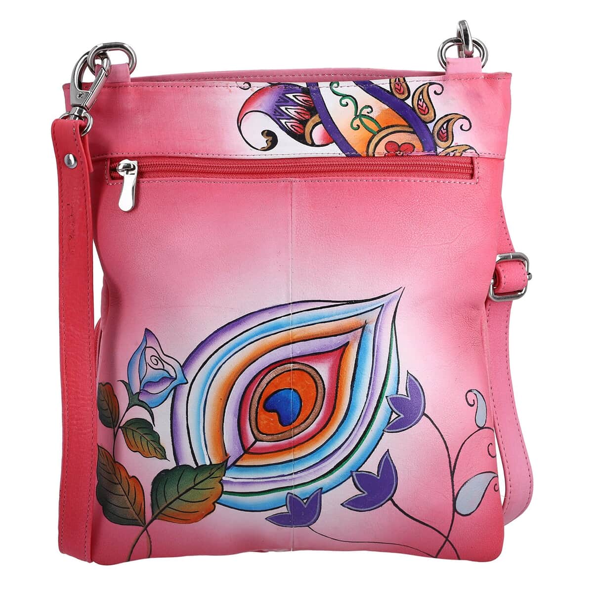 SUKRITI Pink Super Organized Floral Paisley Hand Painted Genuine Leather Crossbody Bag image number 5