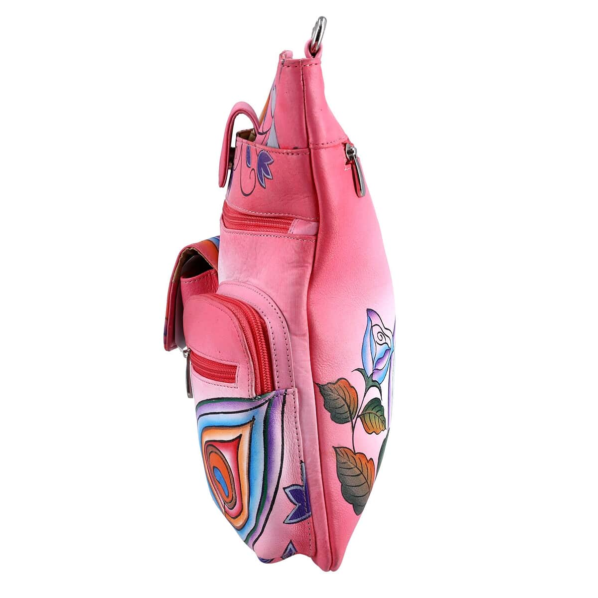 SUKRITI Pink Super Organized Floral Paisley Hand Painted Genuine Leather Crossbody Bag image number 6