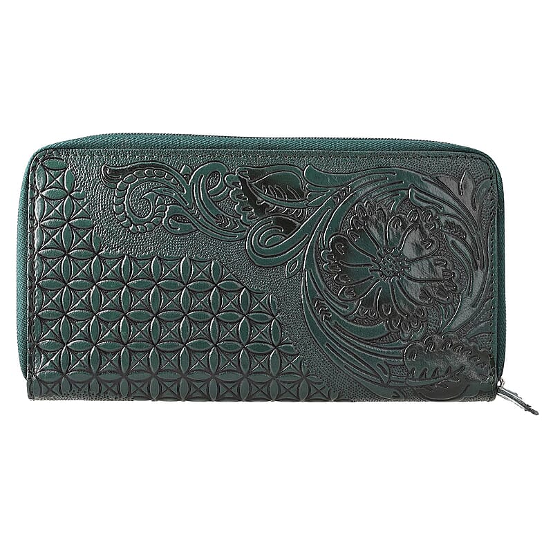 Green Hand Floral Embossed Genuine Leather RFID Women's Wallet