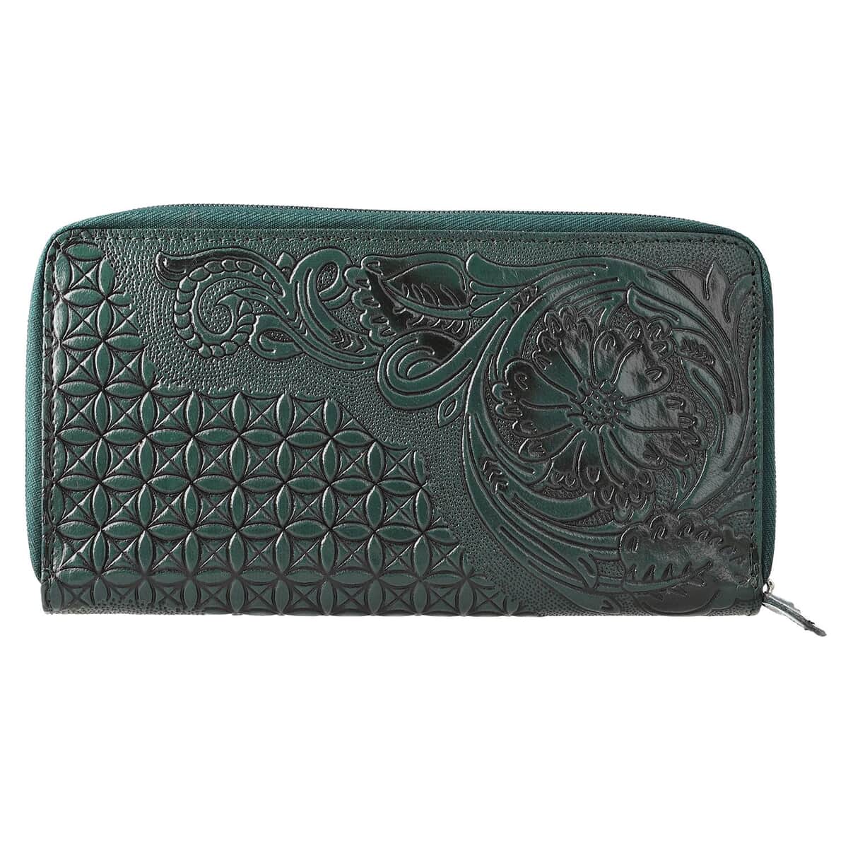 Green Hand Floral Embossed Genuine Leather RFID Women's Wallet image number 0