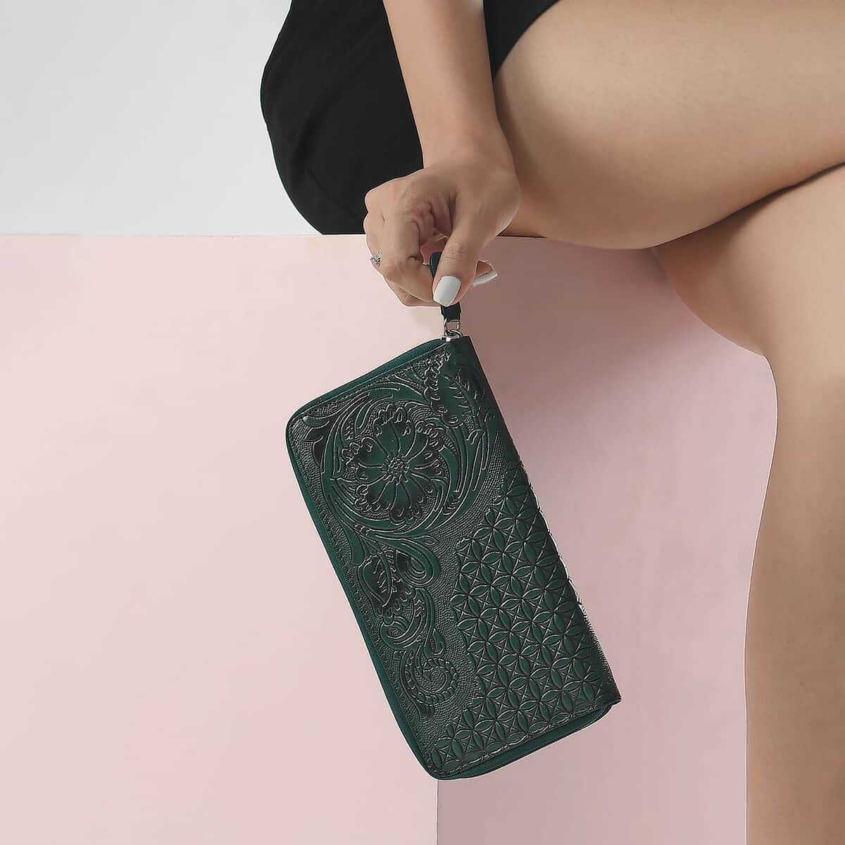 Green Hand Floral Embossed Genuine Leather RFID Women's Wallet image number 1