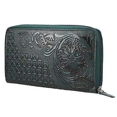 Green Hand Floral Embossed Genuine Leather RFID Women's Wallet
