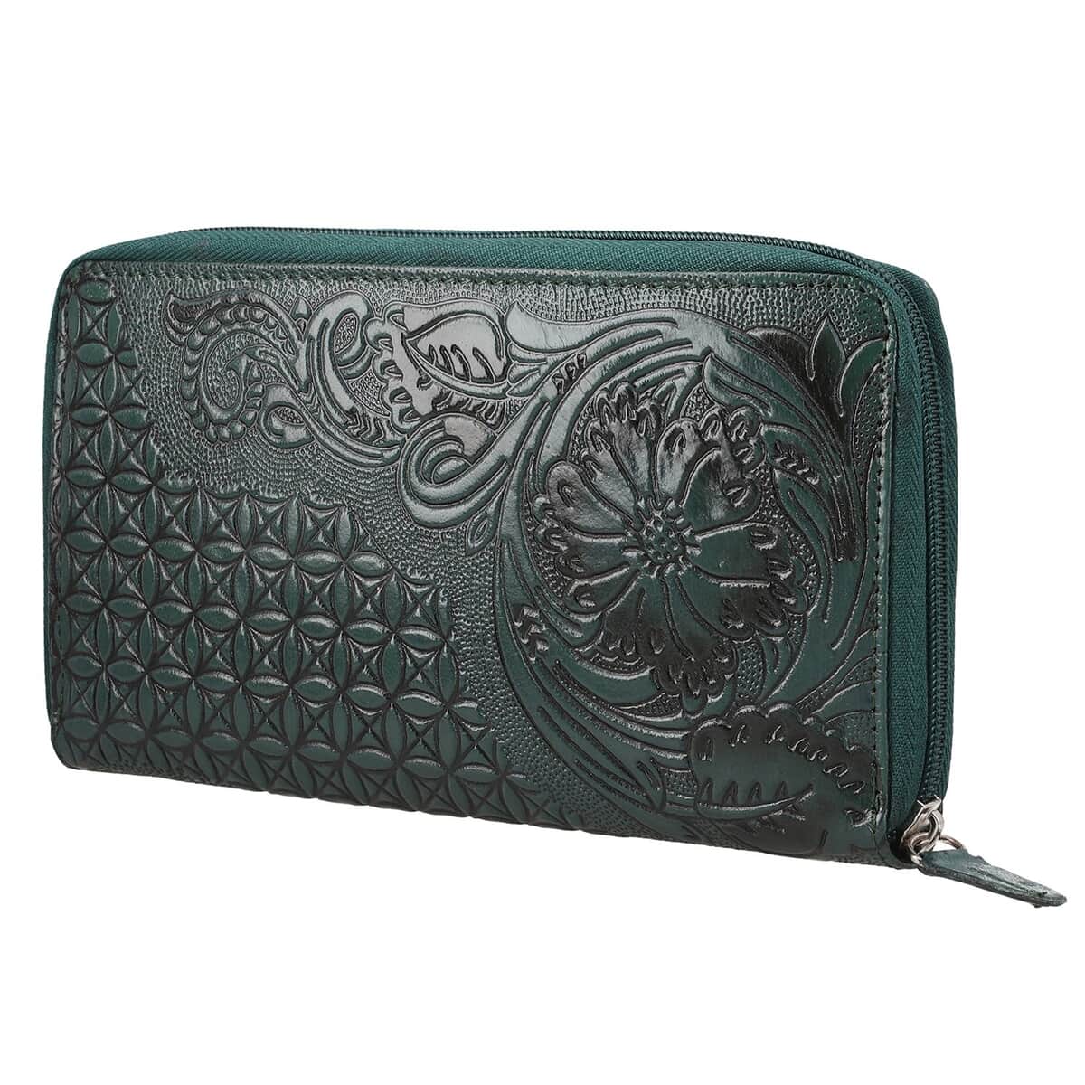 Green Hand Floral Embossed Genuine Leather RFID Women's Wallet image number 2