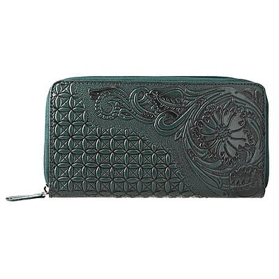 Green Hand Floral Embossed Genuine Leather RFID Women's Wallet