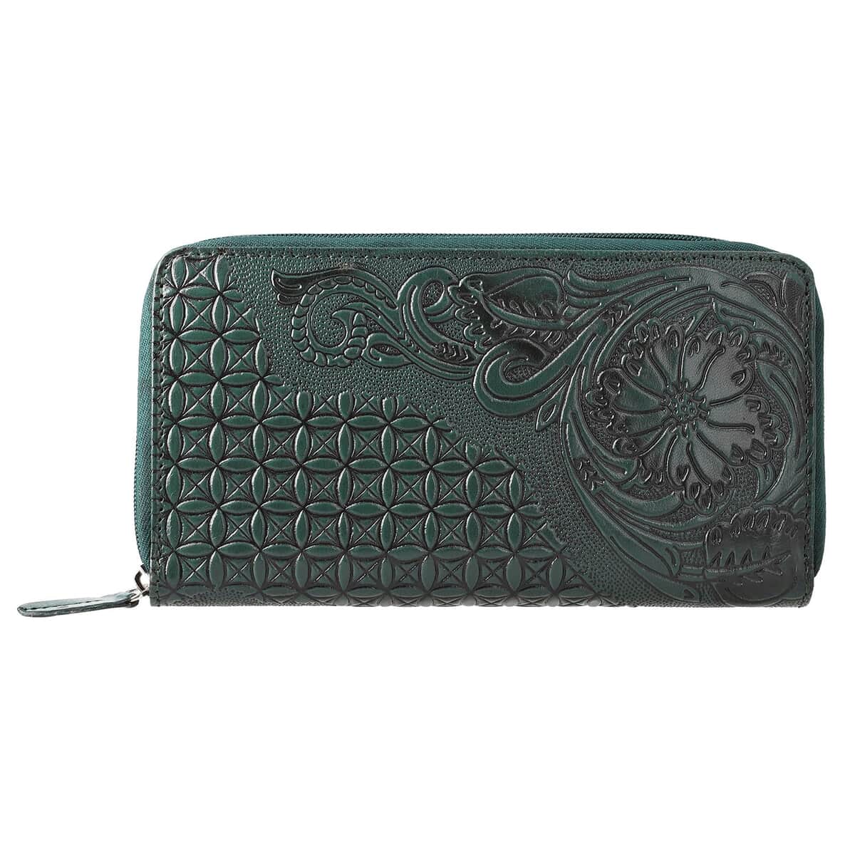 Green Hand Floral Embossed Genuine Leather RFID Women's Wallet image number 3