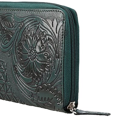 Green Hand Floral Embossed Genuine Leather RFID Women's Wallet