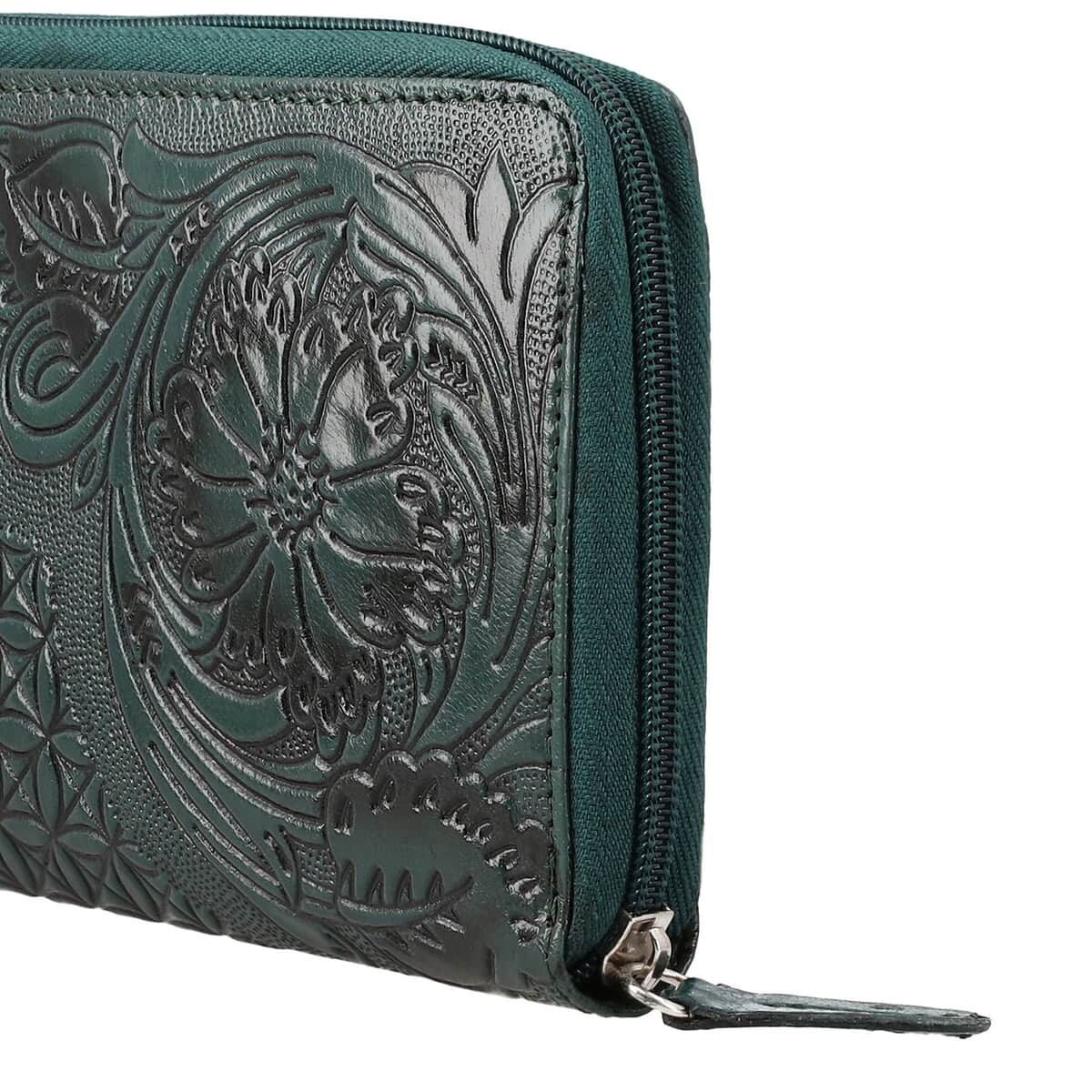 Green Hand Floral Embossed Genuine Leather RFID Women's Wallet image number 4