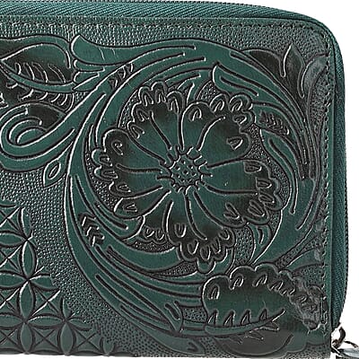 Green Hand Floral Embossed Genuine Leather RFID Women's Wallet