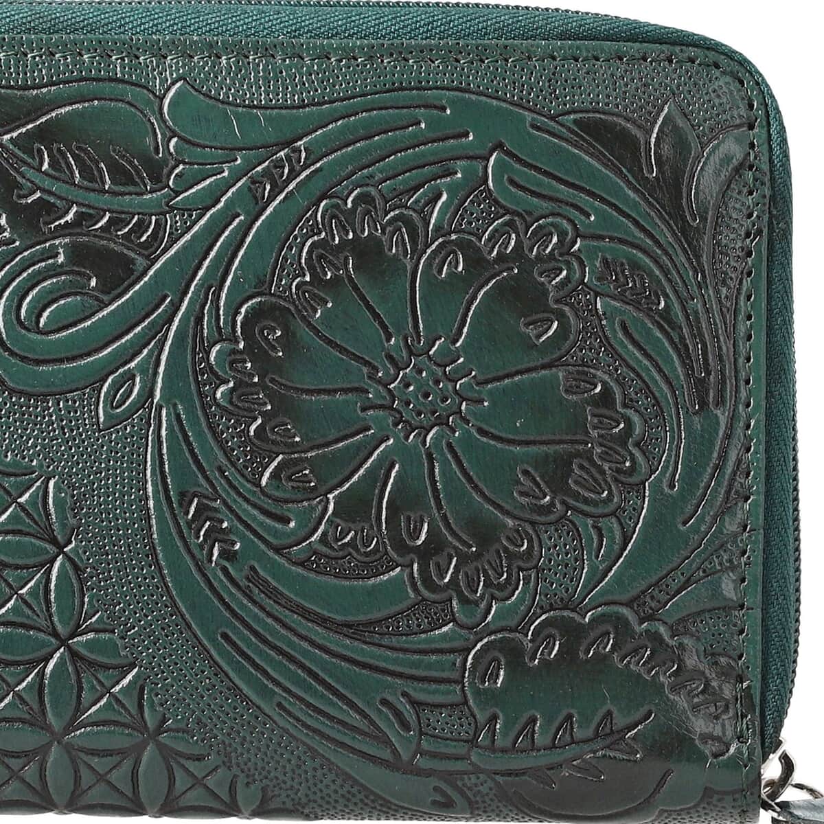 Green Hand Floral Embossed Genuine Leather RFID Women's Wallet image number 5