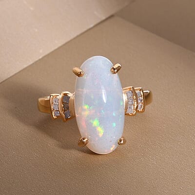 Premium Ethiopian Welo Opal and Diamond Ring in Vermeil Yellow Gold Over Sterling Silver (Size 10.0) 3.15 ctw