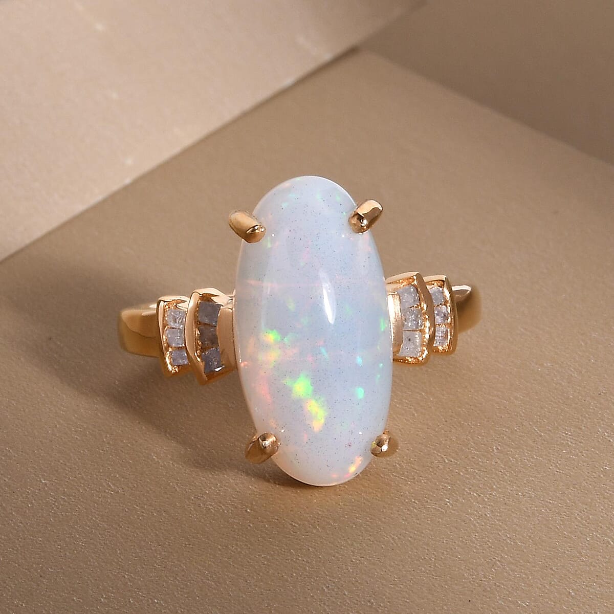 Premium Ethiopian Welo Opal and Diamond Ring in Vermeil Yellow Gold Over Sterling Silver (Size 8.0) 3.15 ctw image number 1